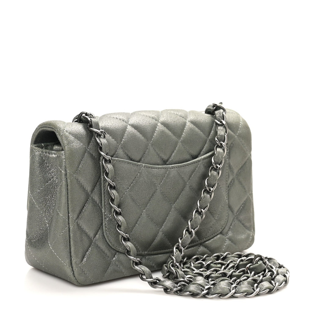 Iridescent Lambskin Quilted Mini Rectangular Flap Khaki