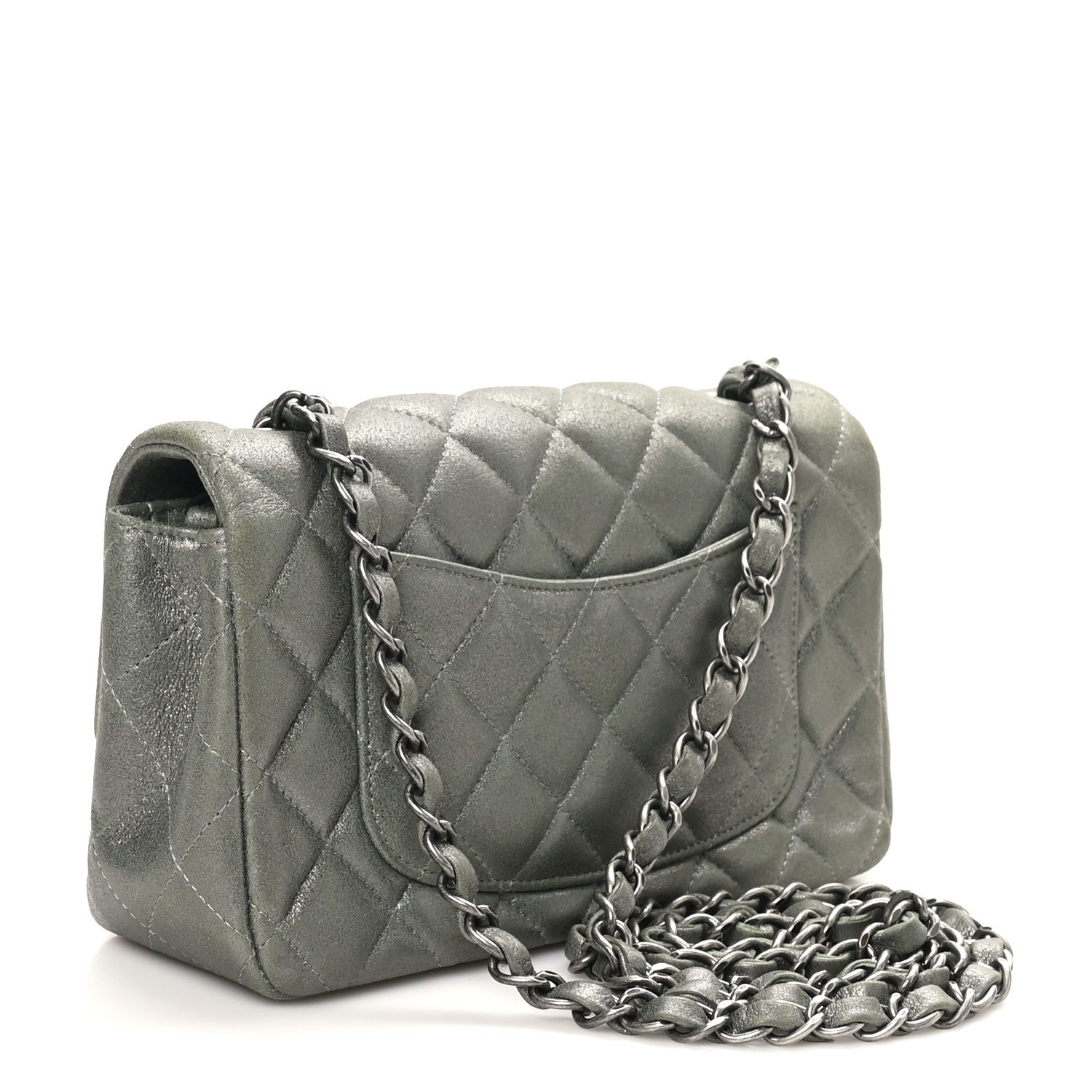 Iridescent Lambskin Quilted Mini Rectangular Flap Khaki