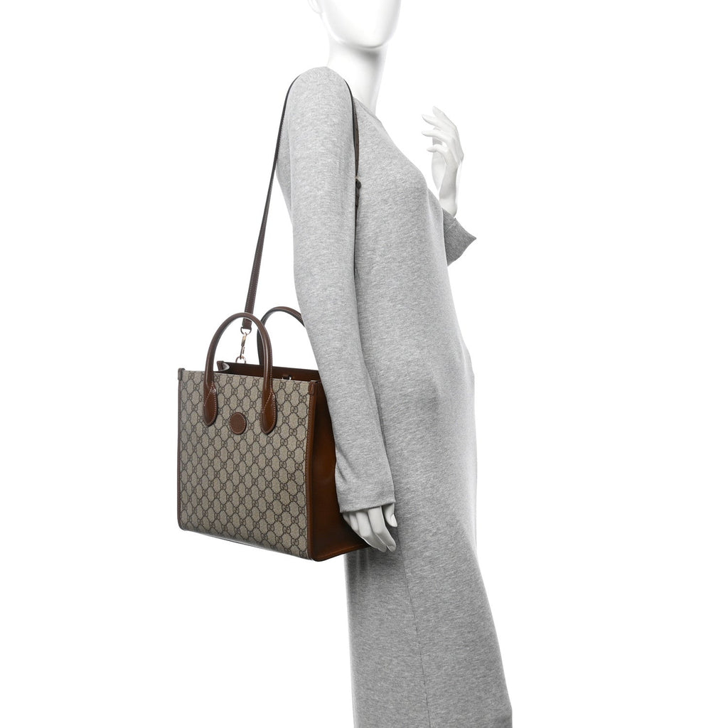 GG Supreme Monogram Azalea Calfskin Small Retro Interlocking G Tote Bag Beige Ebony Brown Sugar