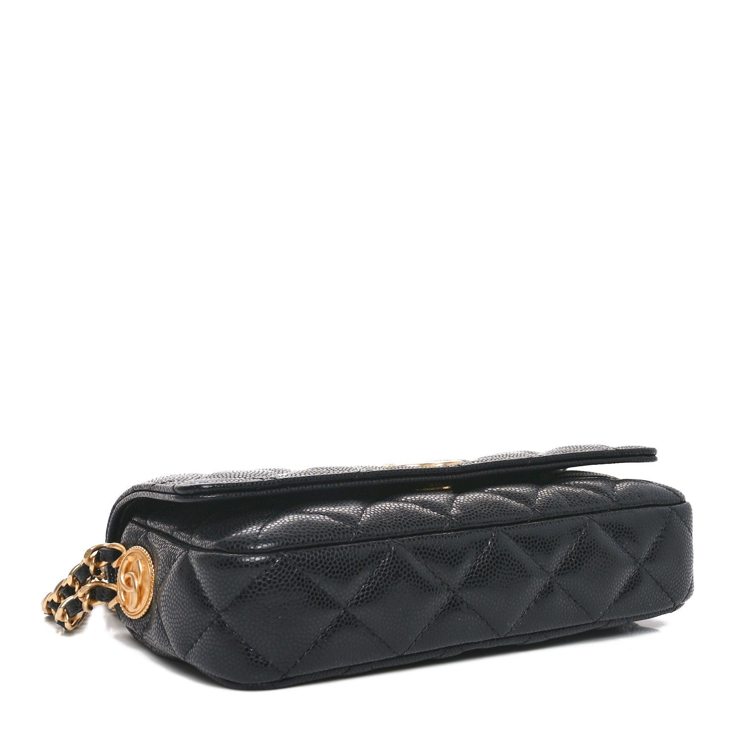 Caviar Quilted Yours Buttons Phone Holder With Chain Black