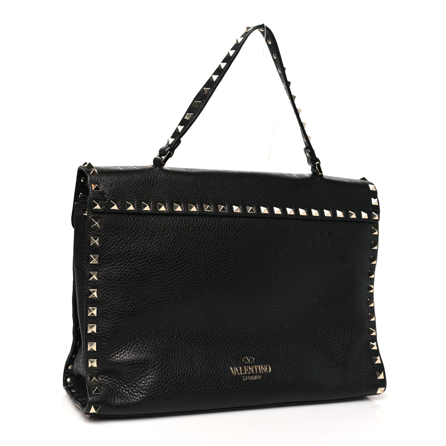Pebbled Calfskin Rockstud Flip Lock Top Handle Bag Black