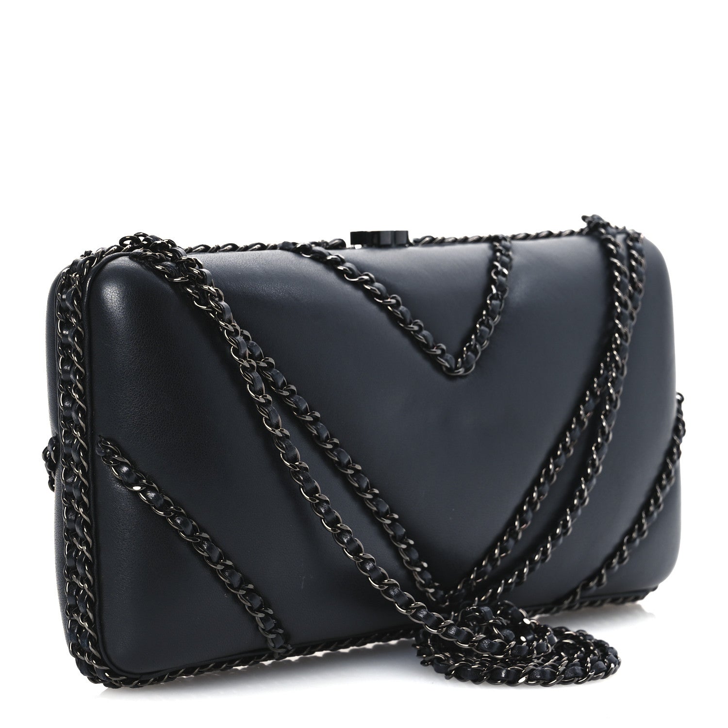 Lambskin Chevron Quilted Chain Around Clutch Black