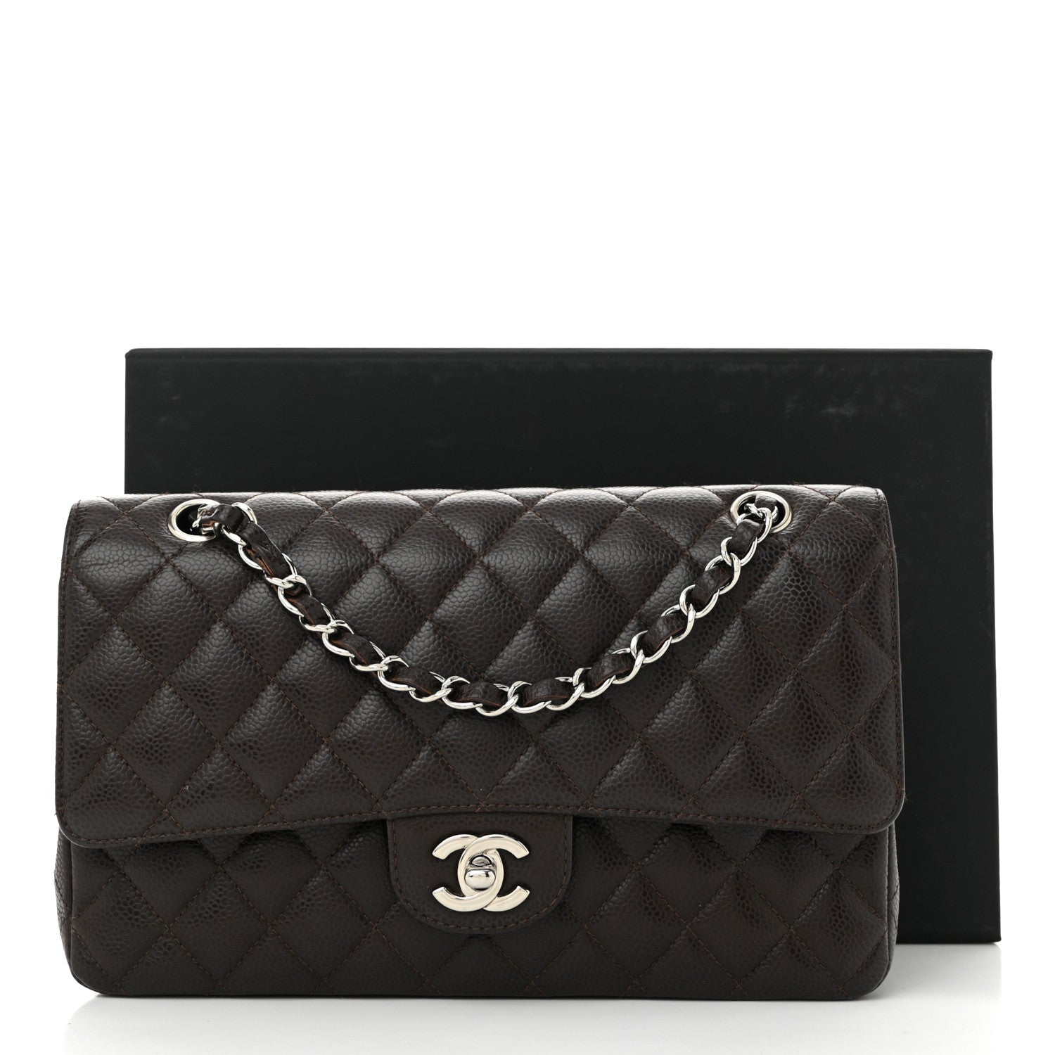 Caviar Quilted Medium Double Flap Brown
