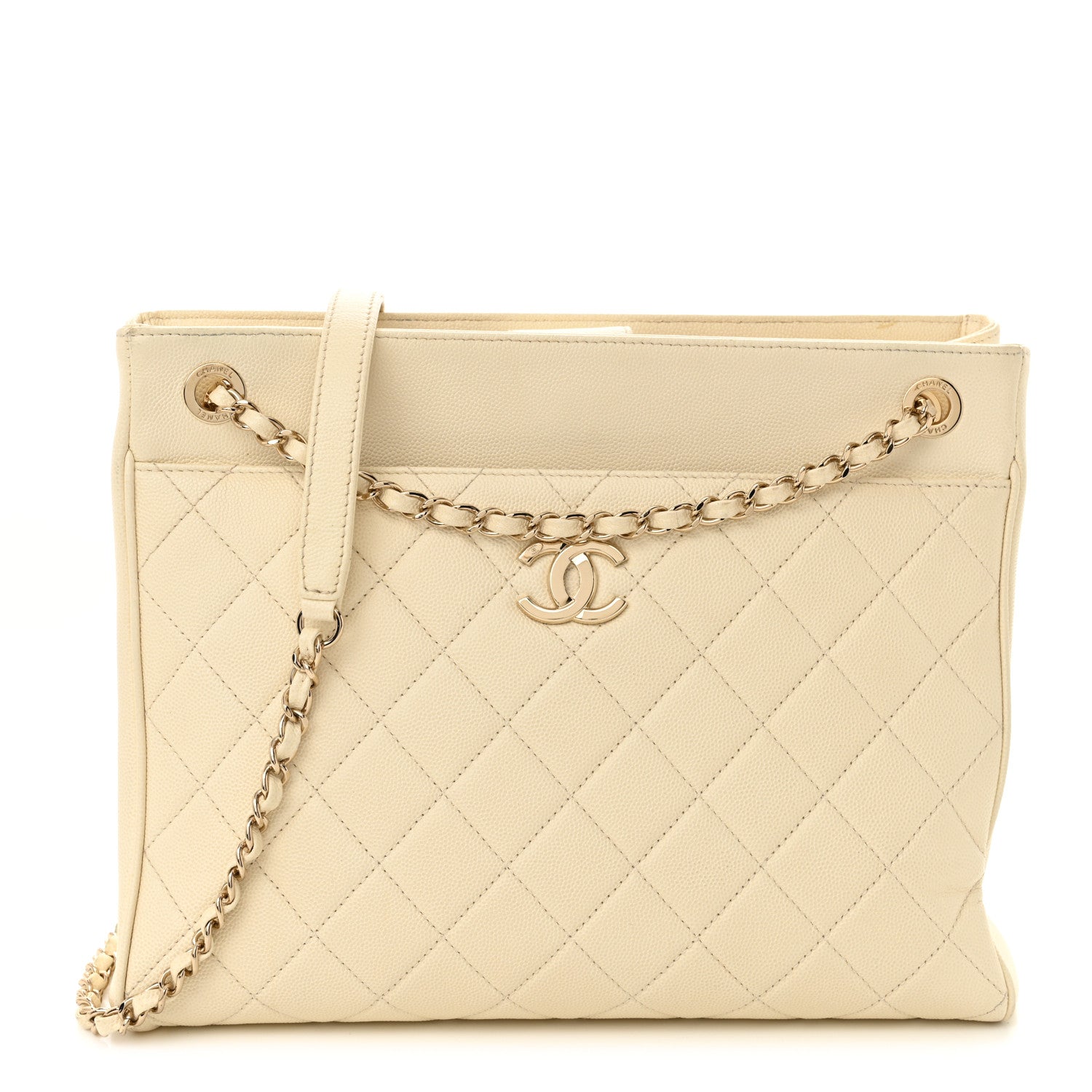 Caviar Quilted In Out Flap Shopping Tote White