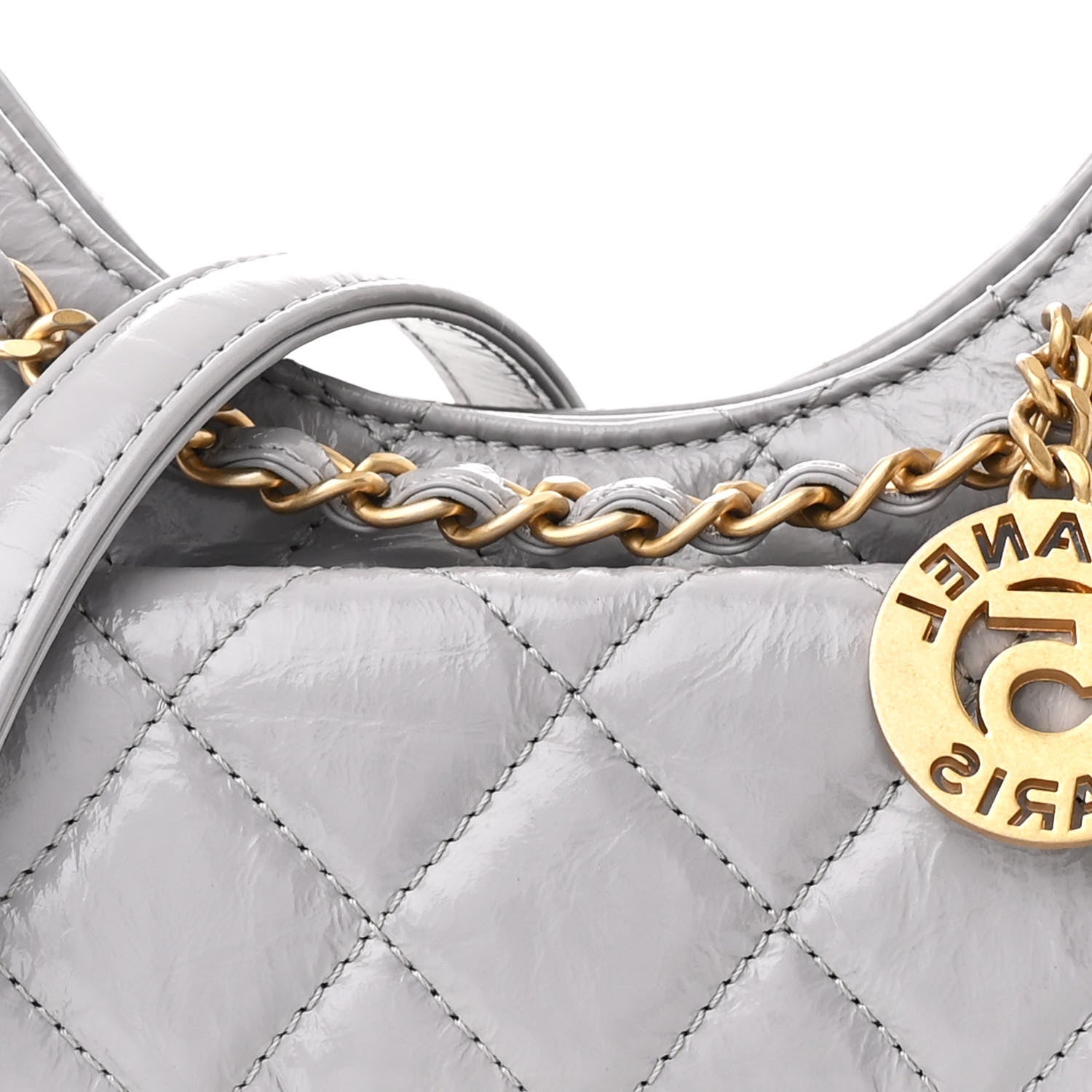 Shiny Crumpled Calfskin Quilted Small Wavy CC Hobo Grey