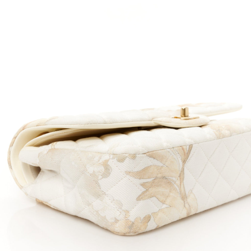 Denim Floral Printed Medium Double Flap Beige