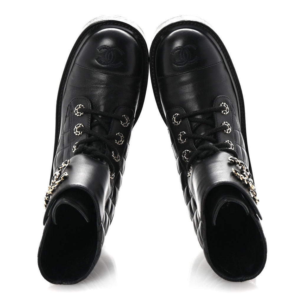 Shiny Lambskin Quilted Lace Up Combat Boots 37 Black
