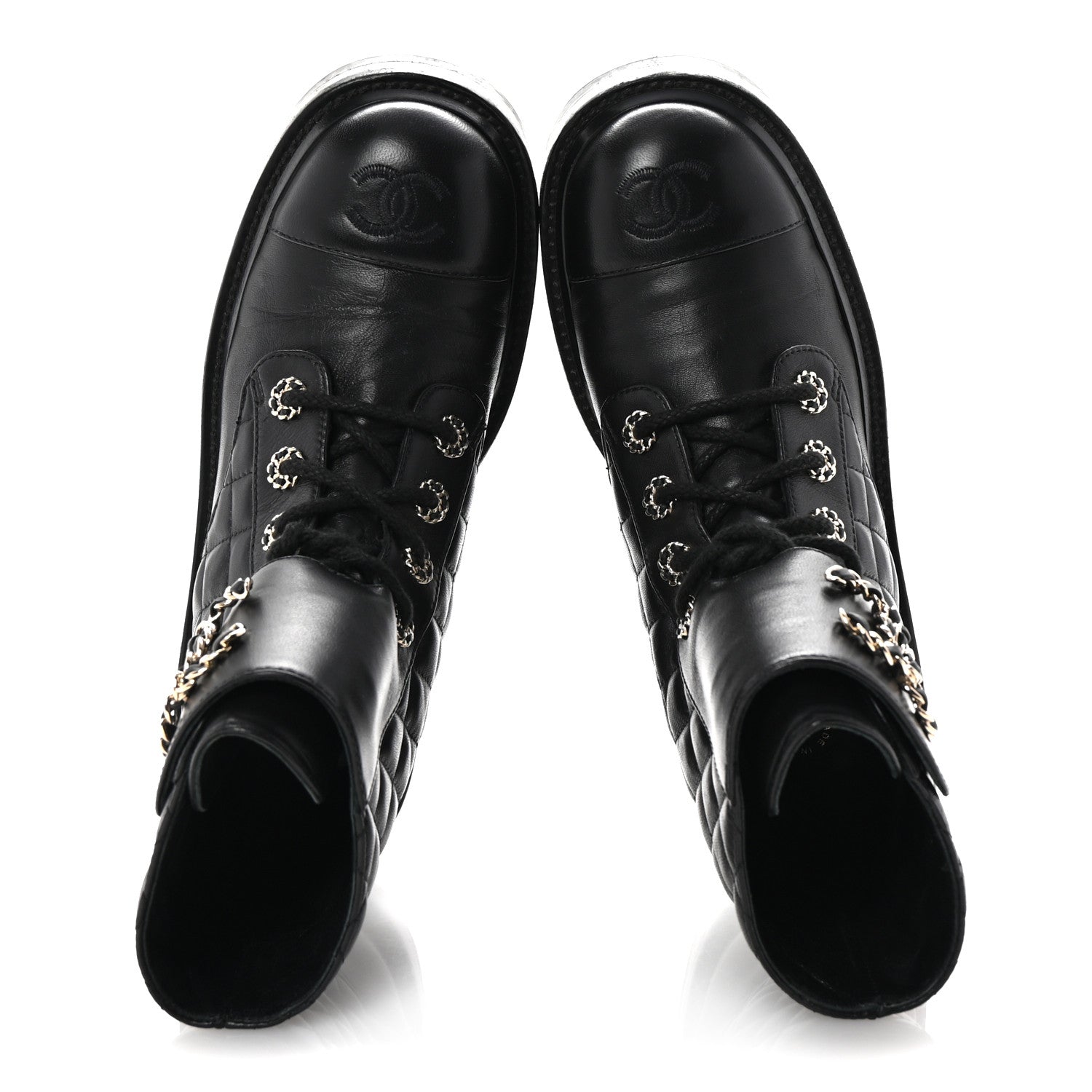 Shiny Lambskin Quilted Lace Up Combat Boots 37 Black