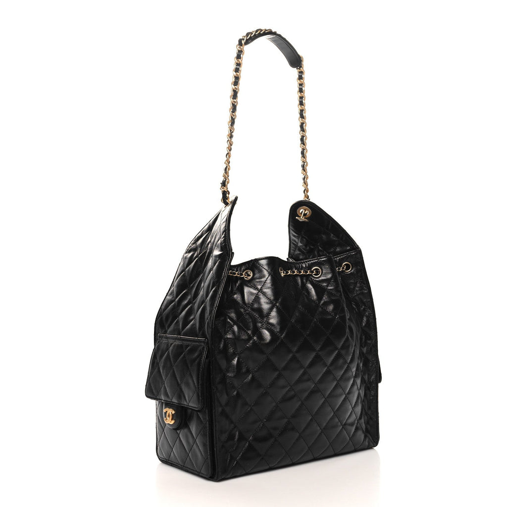 Shiny Crumpled Calfskin Quilted Medium Chanel 25 Handbag Black
