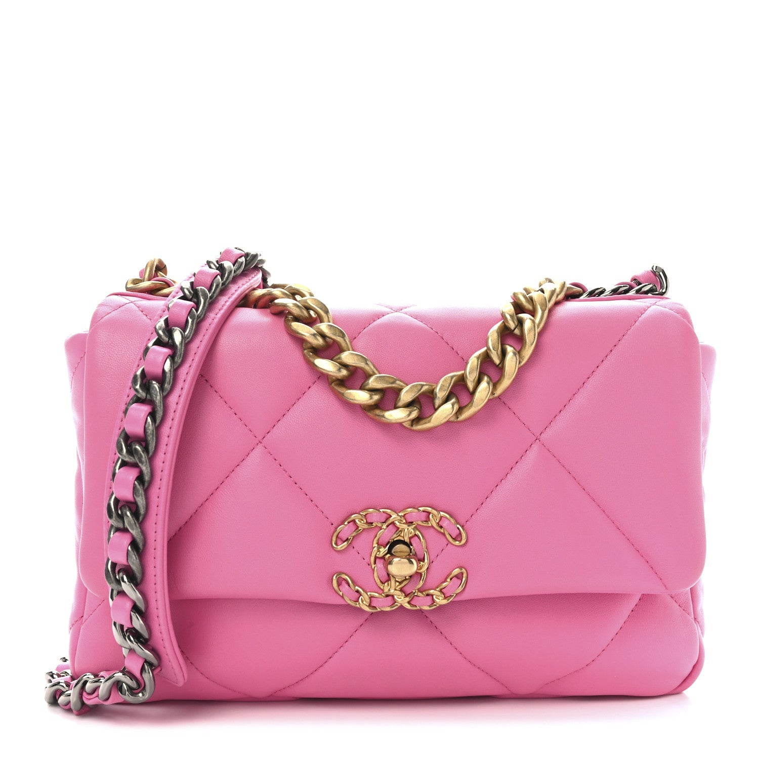 Shiny Lambskin Quilted Medium Chanel 19 Flap Neon Pink