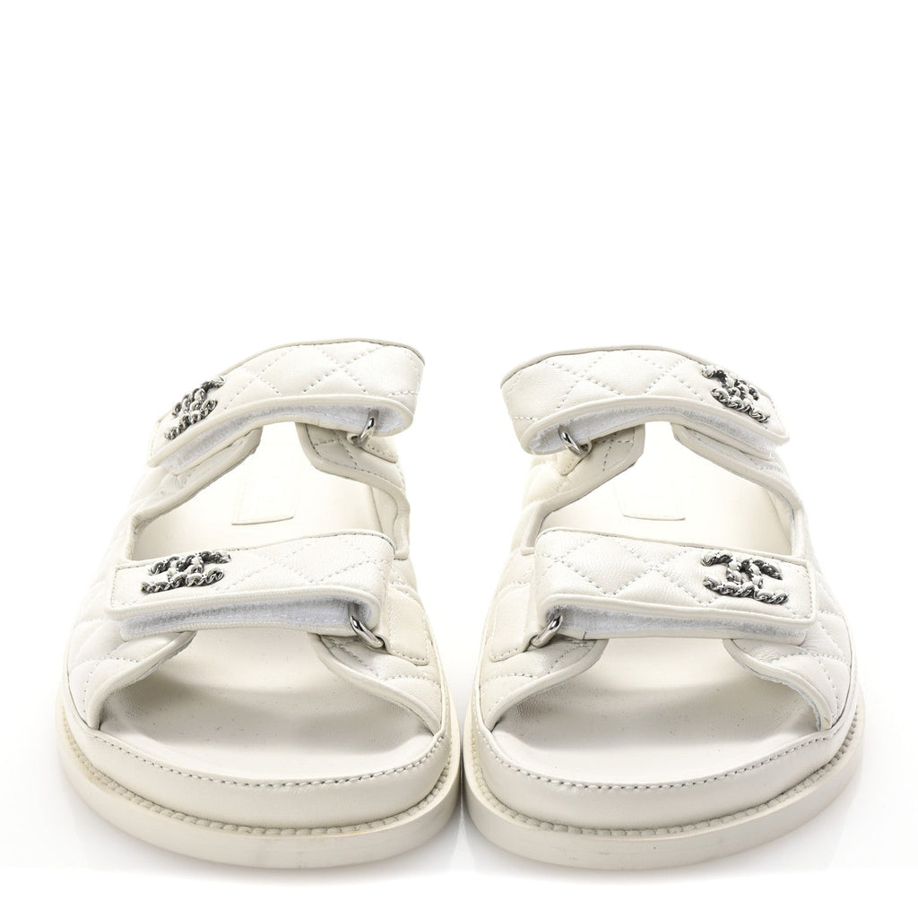 Lambskin Quilted Velcro Dad Chain CC Slide Sandals 37.5 White