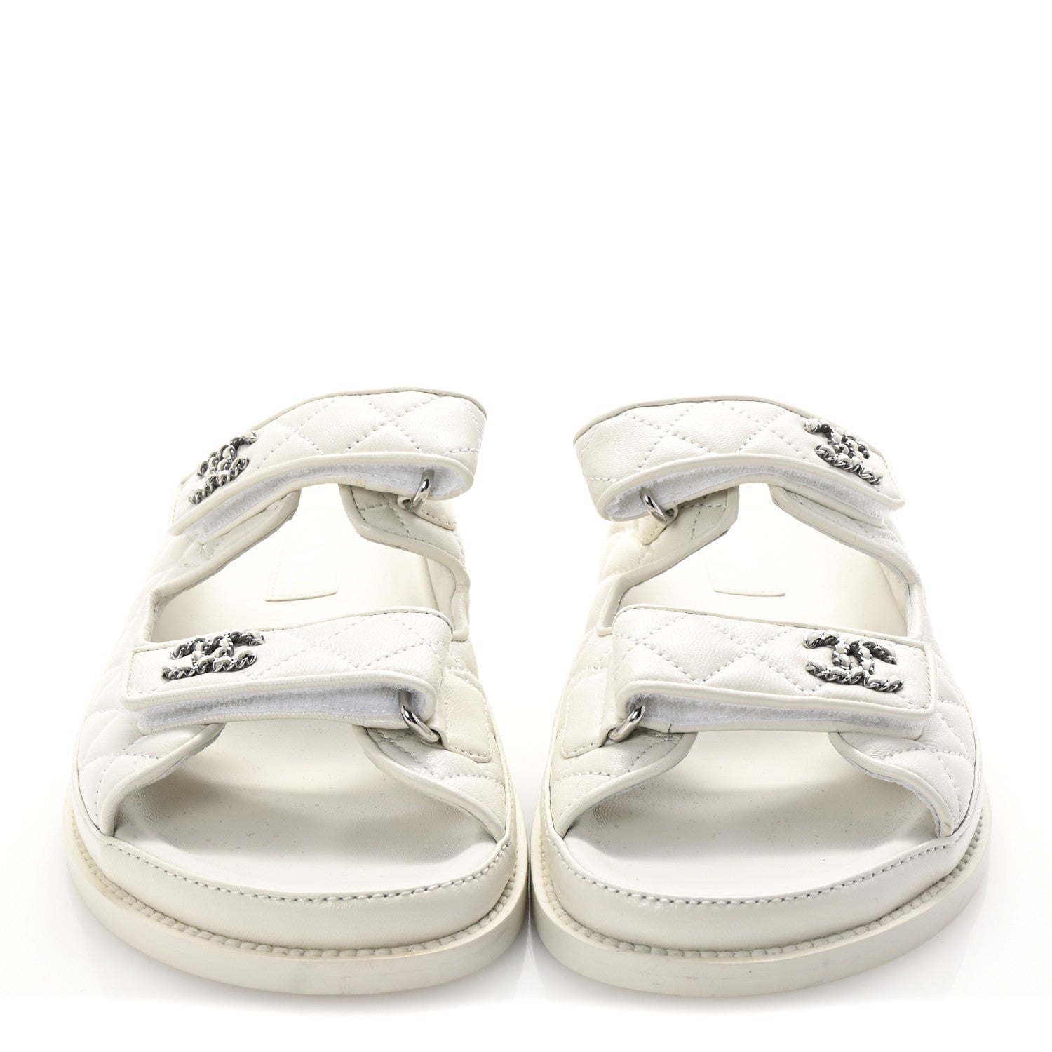 Lambskin Quilted Velcro Dad Chain CC Slide Sandals 37.5 White