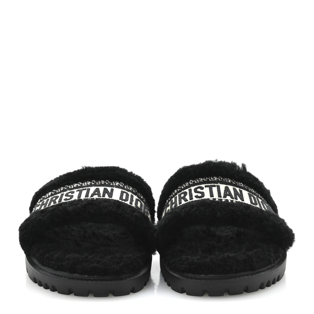 Shearling Canvas Lurex Embroidered Dway 10mm Slide Sandals 40 Black Natural