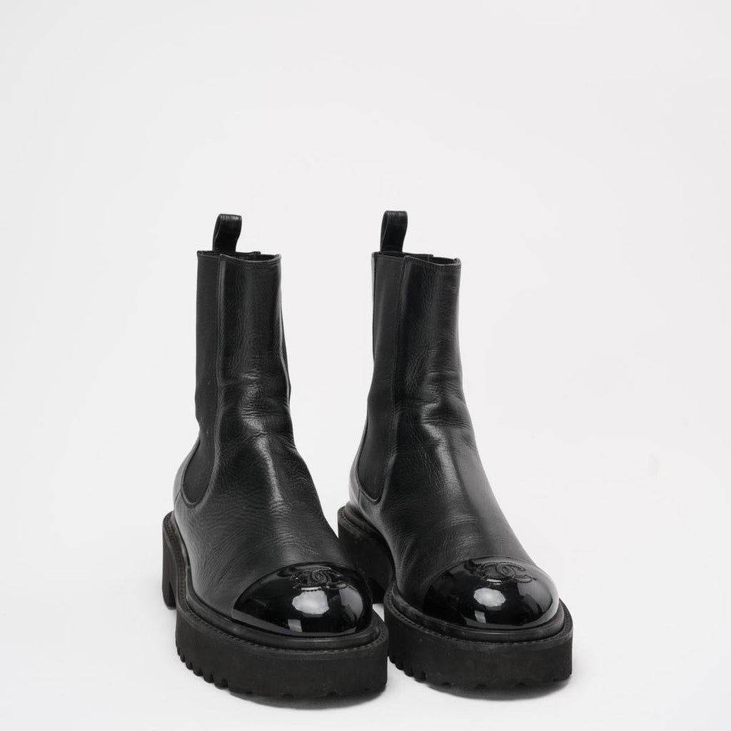 Chanel Black Crumpled Cap Toe Short Boots 38