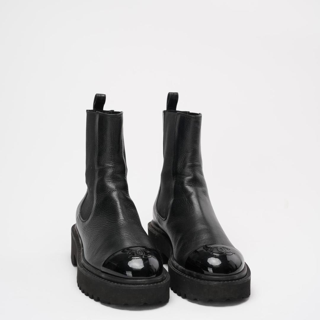 Chanel Black Crumpled Cap Toe Short Boots 38
