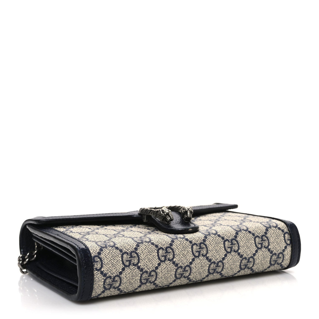 GG Supreme Monogram Textured Dollar Calfskin Mini Dionysus Chain Wallet Beige Blue