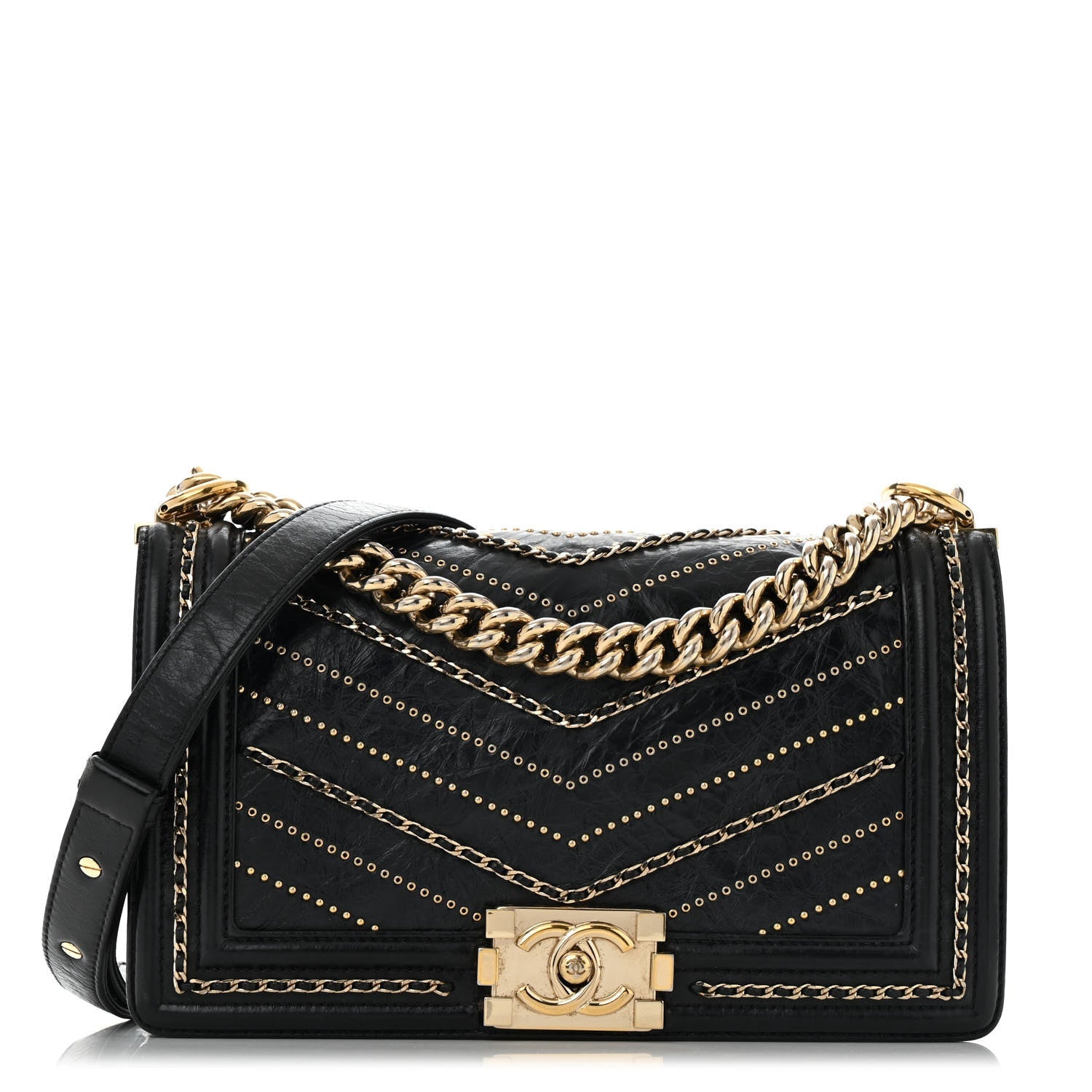 Crumpled Calfskin Chevron Chain Medium Boy Flap Black