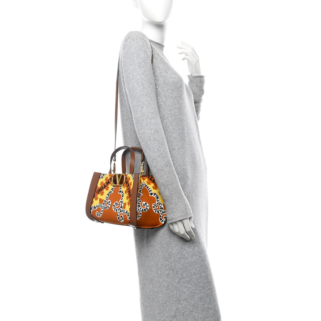 Canvas Calfskin Mini Bandana Print Small Vlogo Signature Tote Saddle Brown Multicolor