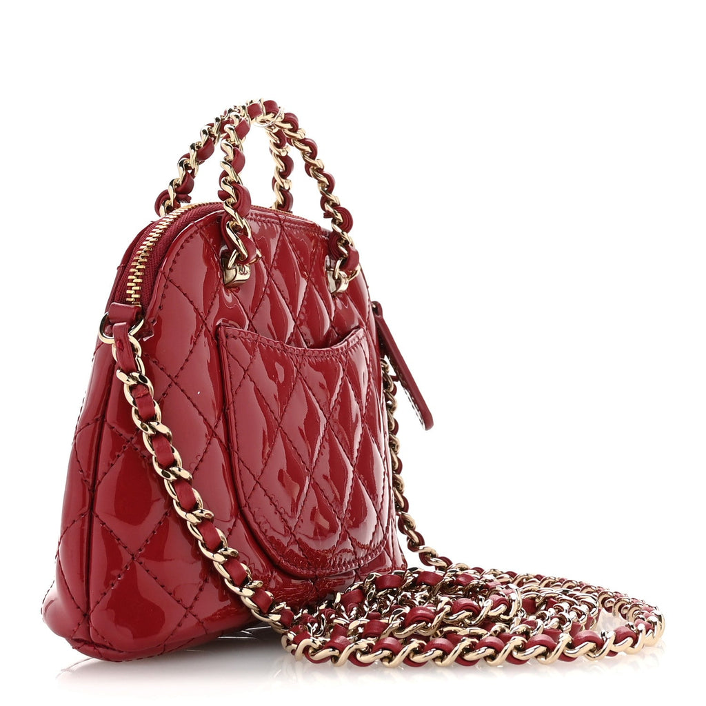 Patent Calfskin Quilted Shiny Coco Clutch With Chain Red