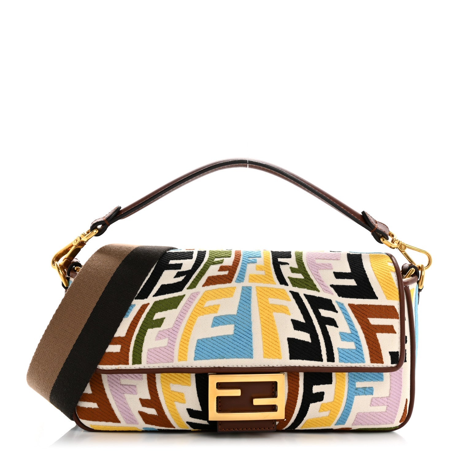 X SARA COLEMAN Canvas Vitello King Seta FF Fish Eye Embroidered Baguette Grezzo Multicolor Ghianda