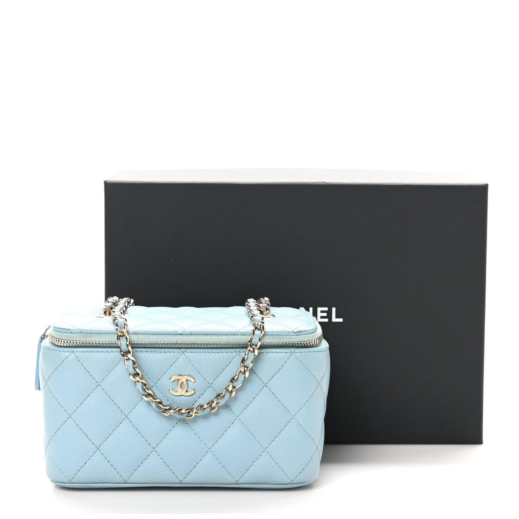 Caviar Quilted Small Tiny CC Vanity Case With Chain Light Blue