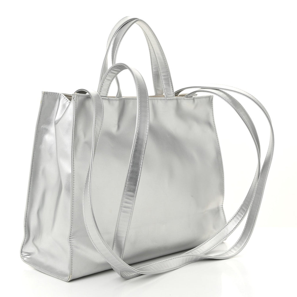 Metallic Vegan Leather Medium Shopping Bag Silver