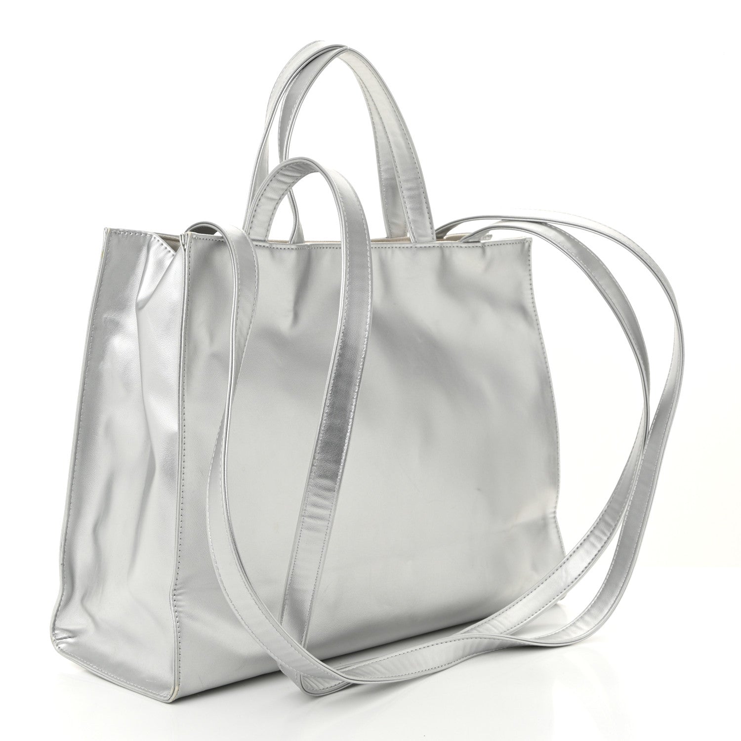 Metallic Vegan Leather Medium Shopping Bag Silver