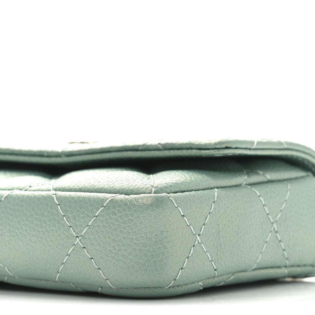 Iridescent Caviar Quilted Pearl On Top Coin Purse With Chain Light Green