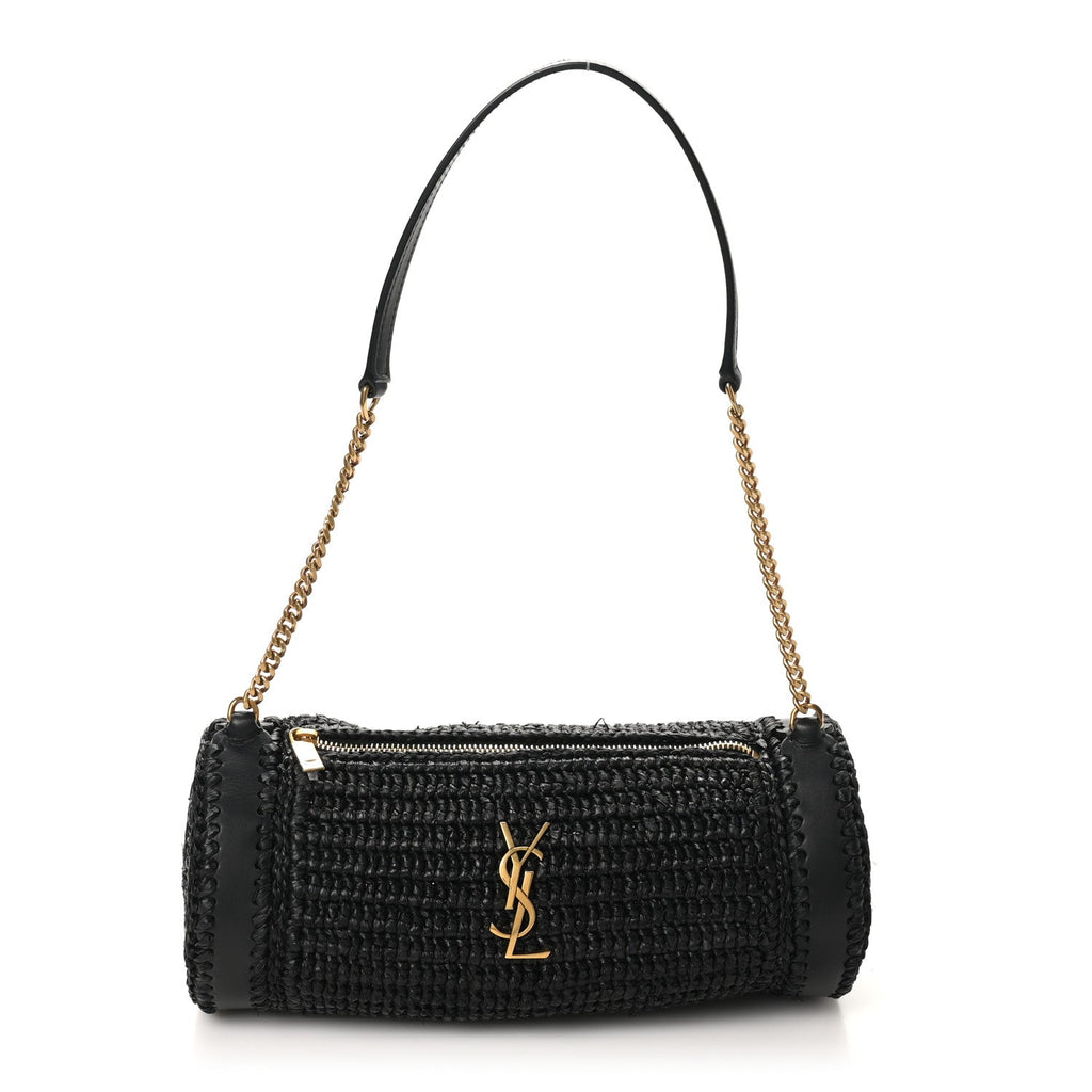 Raffia Monogram Small Cassandre Cylinder Bag Black