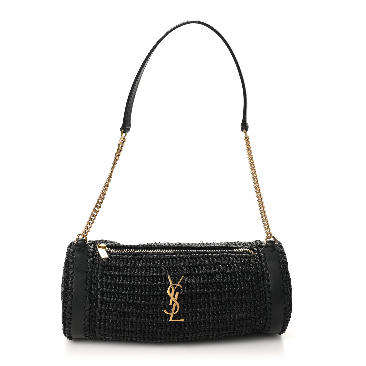 Raffia Monogram Small Cassandre Cylinder Bag Black