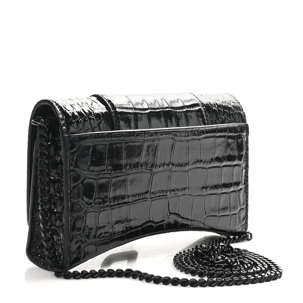 Shiny Calfskin Monochrome Crocodile Embossed Hourglass Chain Bag Black