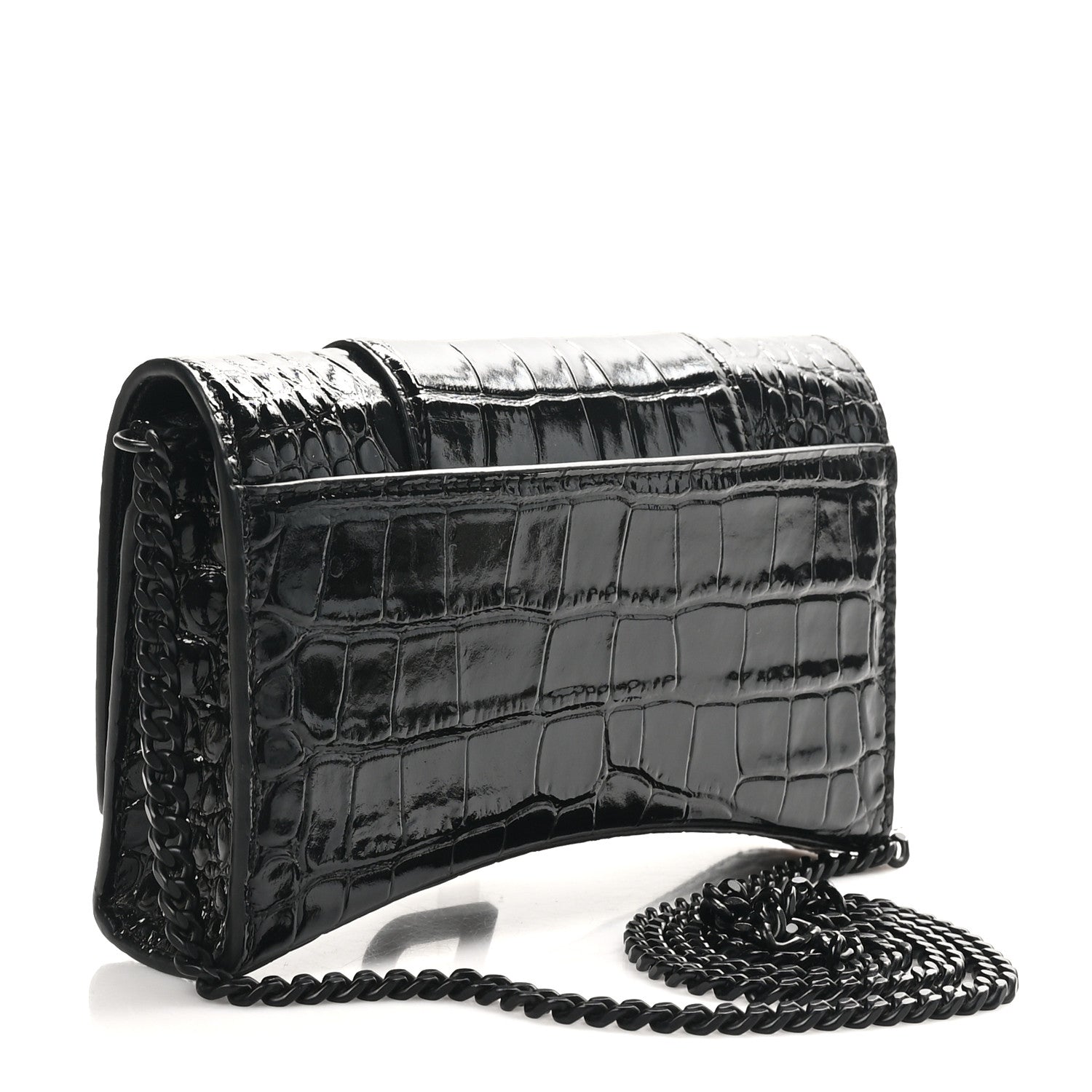 Shiny Calfskin Monochrome Crocodile Embossed Hourglass Chain Bag Black