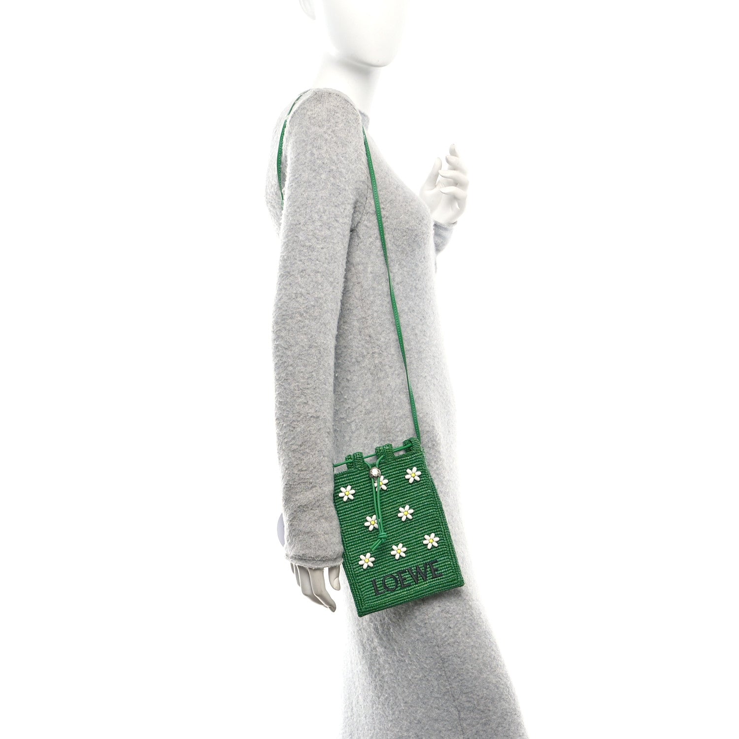 Raffia Beaded Drawstring Pocket Crossbody Tropical Green White