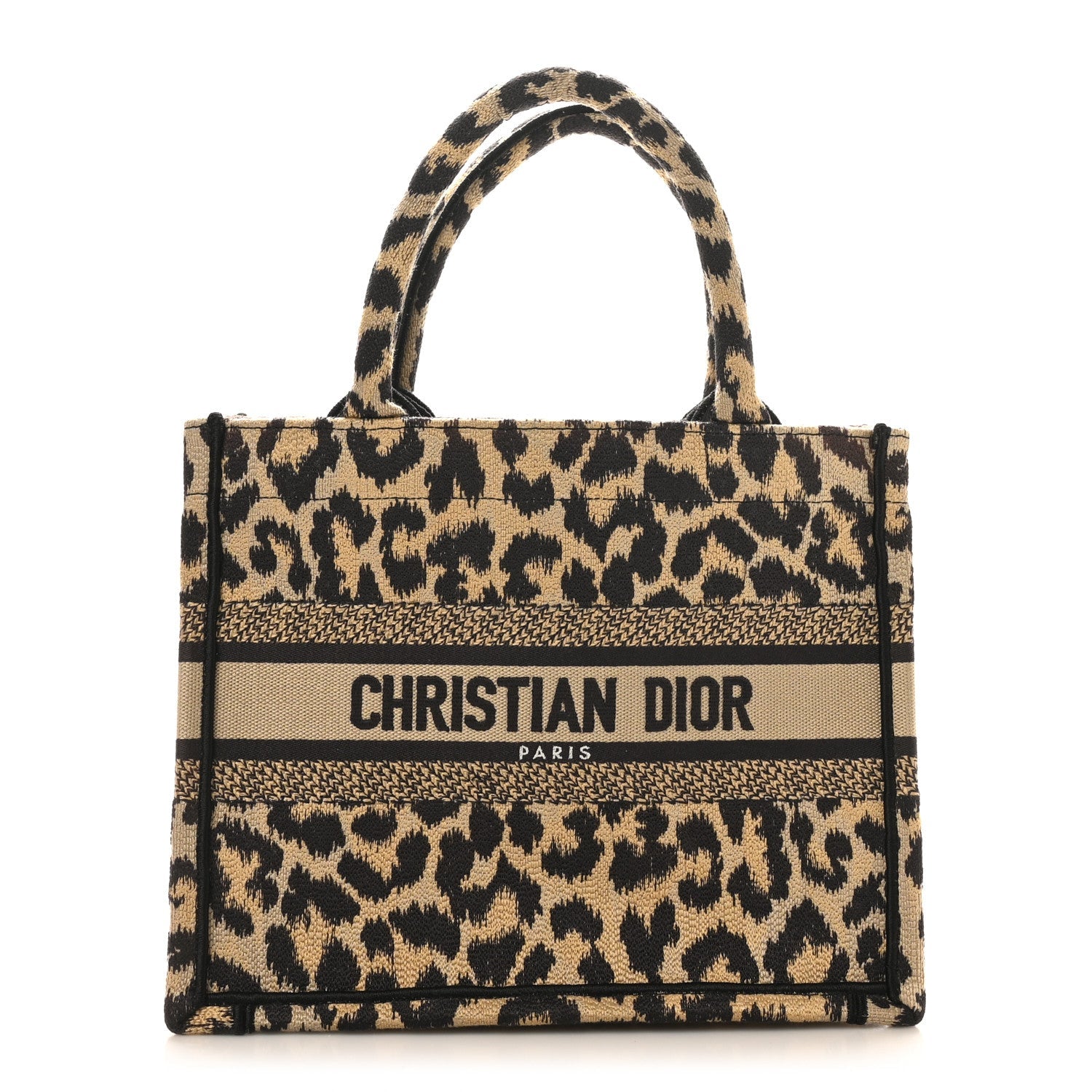 Canvas Mizza Embroidered Small Leopard Book Tote Beige