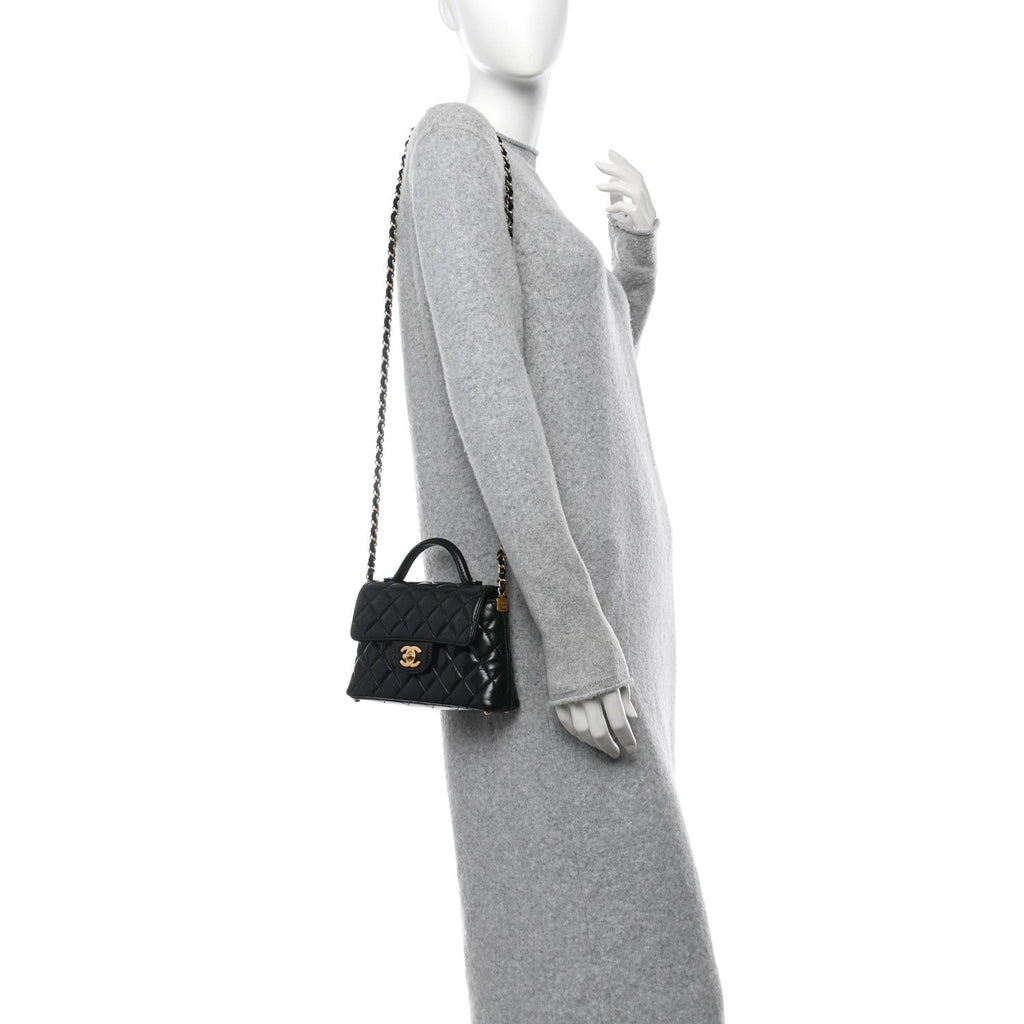 Lambskin Quilted Small Flap Top Handle Bag Black