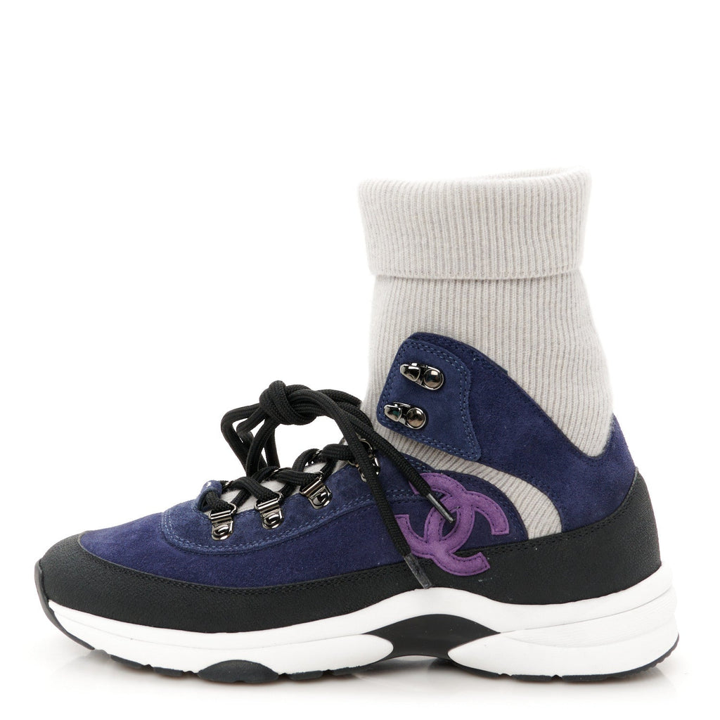Suede Calfskin Knit CC Sneakers 38 Dark Blue Light Grey