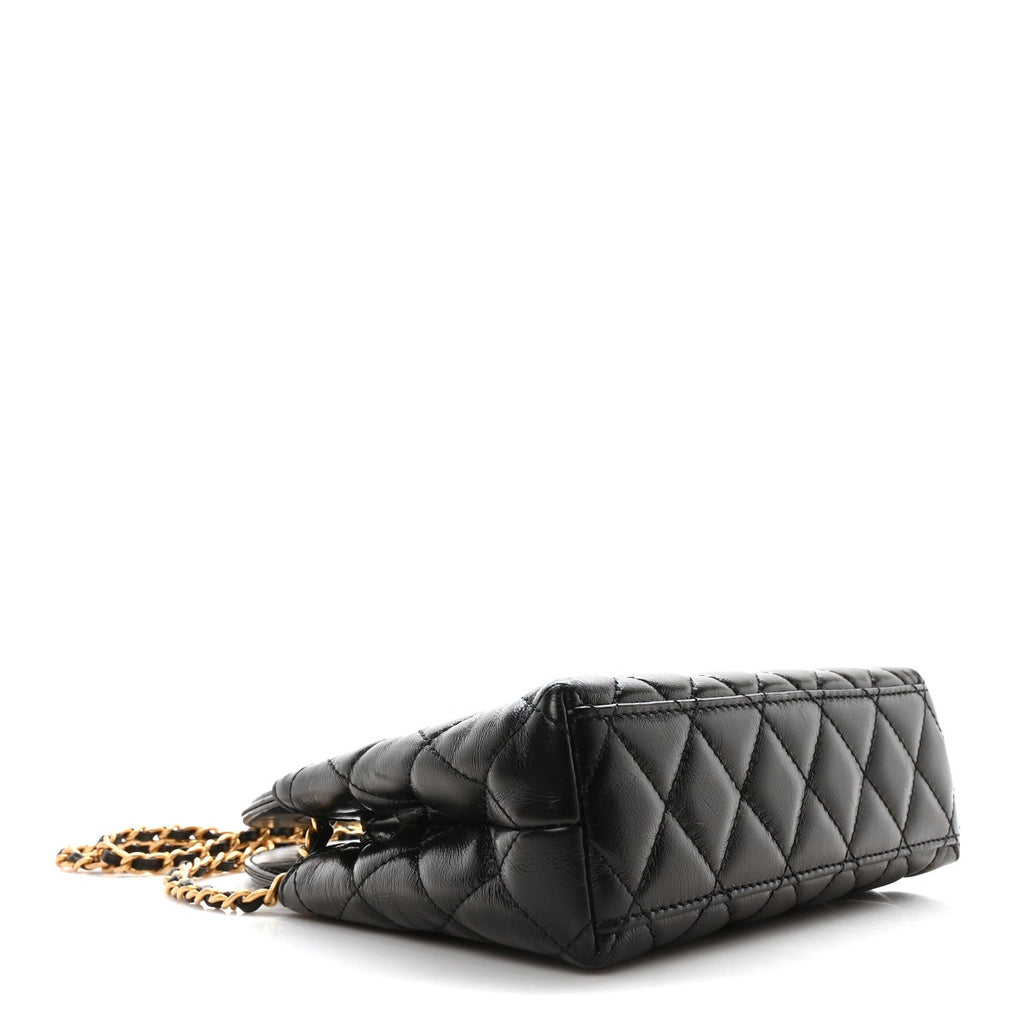 Shiny Aged Calfskin Quilted Nano Kelly Shopper Black