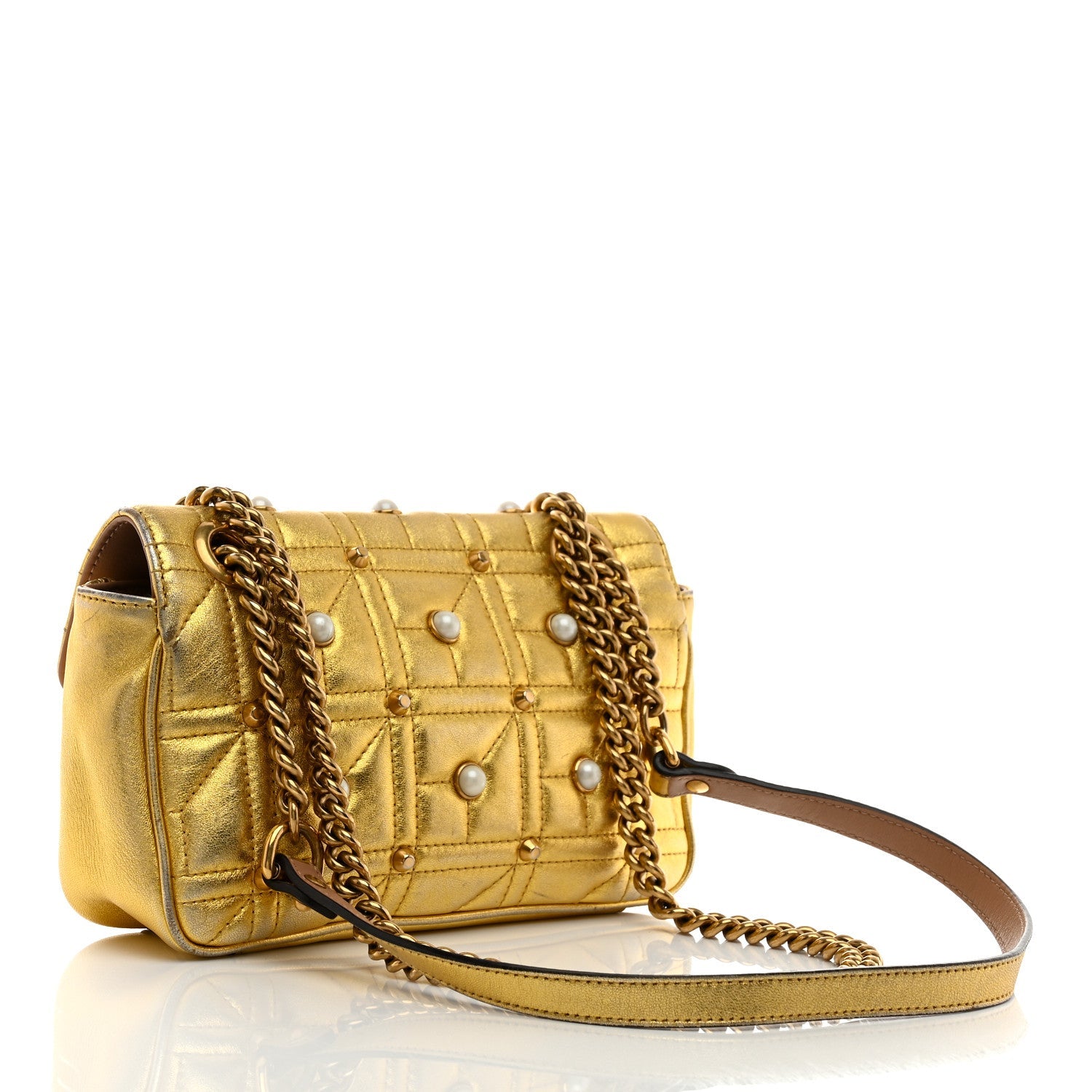Metallic Calfskin Matelasse Studded Mini Pearly GG Marmont Shoulder Bag Gold