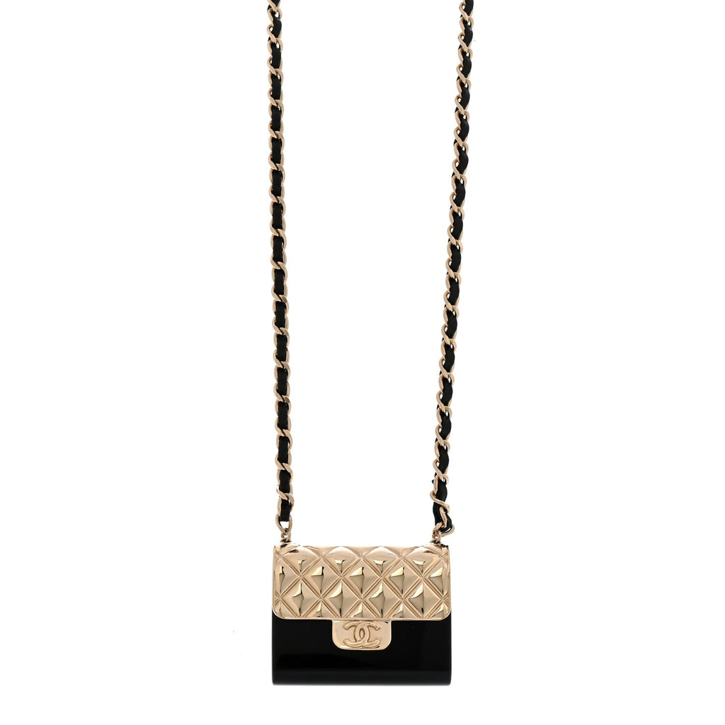 Metal Resin Lambskin Flap Bag Long Necklace Gold Black