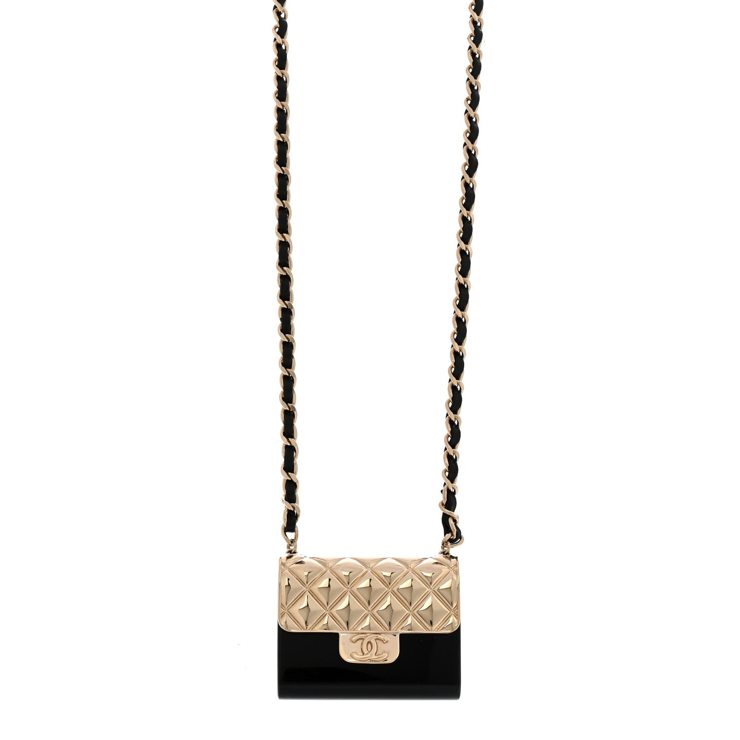 Metal Resin Lambskin Flap Bag Long Necklace Gold Black