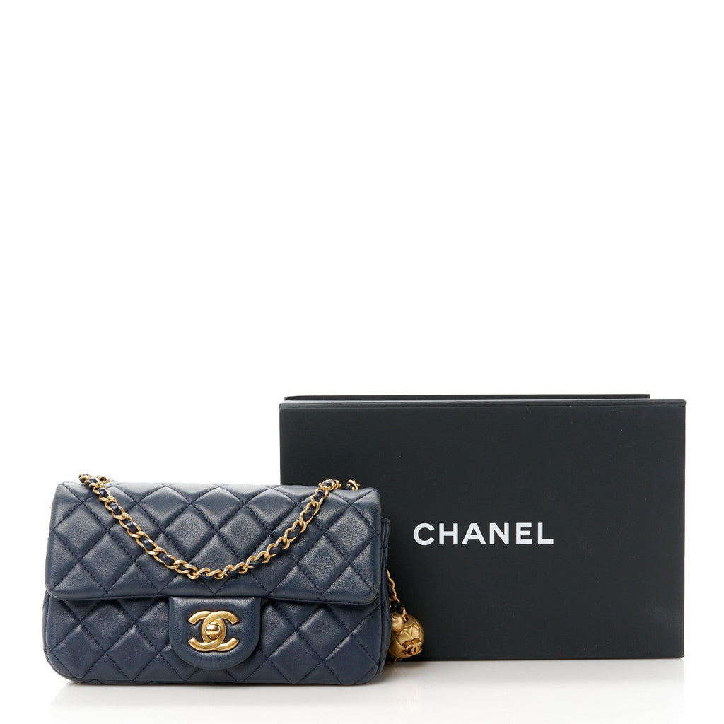 Lambskin Quilted Mini Pearl Crush Rectangular Flap Navy Blue