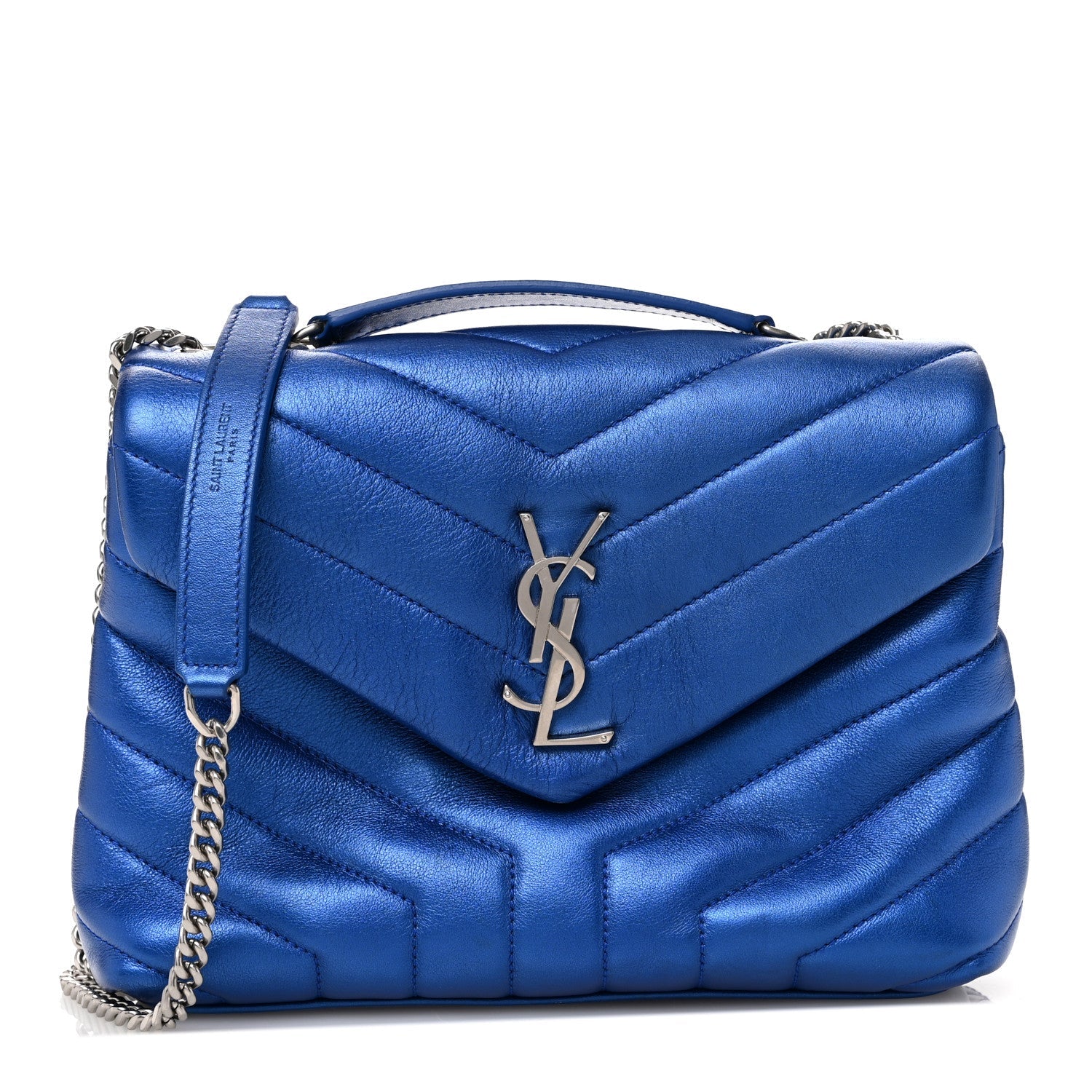 Metallic Calfskin Y Quilted Monogram Small Loulou Chain Satchel Blue Royal