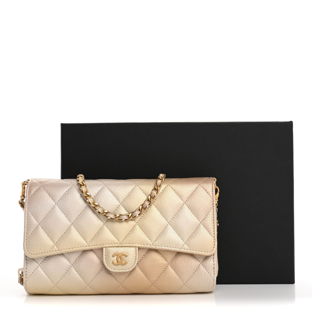 Metallic Goatskin Quilted Phone Holder Wallet on Removable Chain  Gold