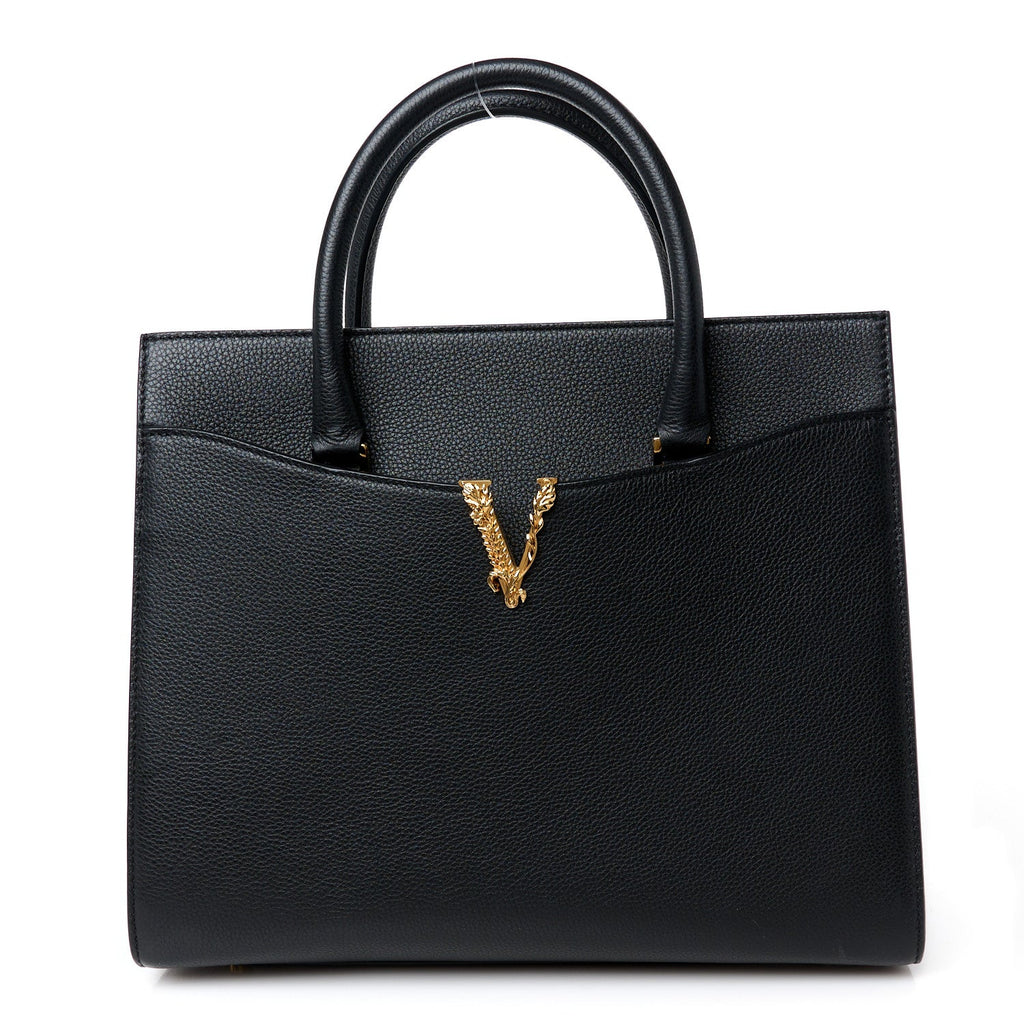 Grained Calfskin Large Virtus Top Handle Shoulder Bag Black