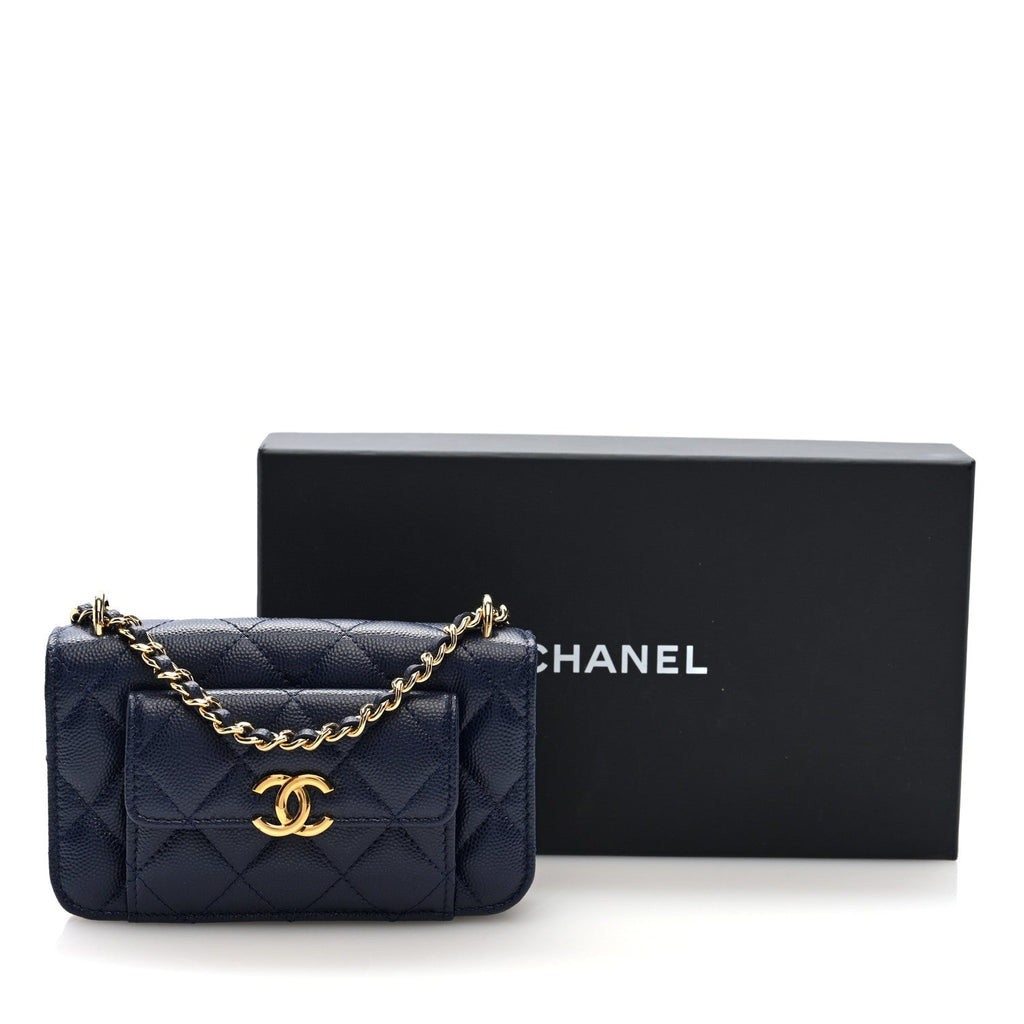 Caviar Quilted Pocket Twins Clutch With Chain Navy Blue