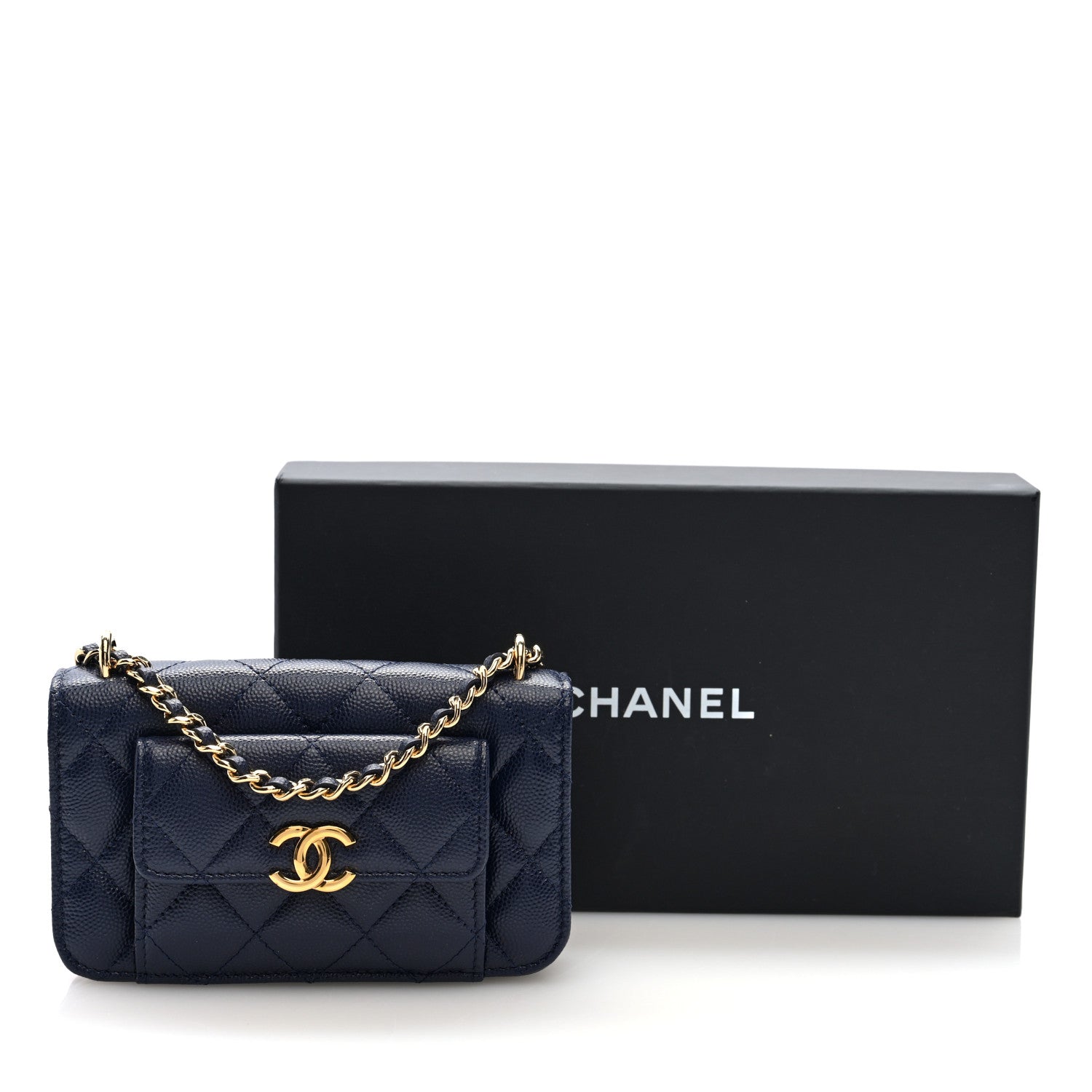 Caviar Quilted Pocket Twins Clutch With Chain Navy Blue