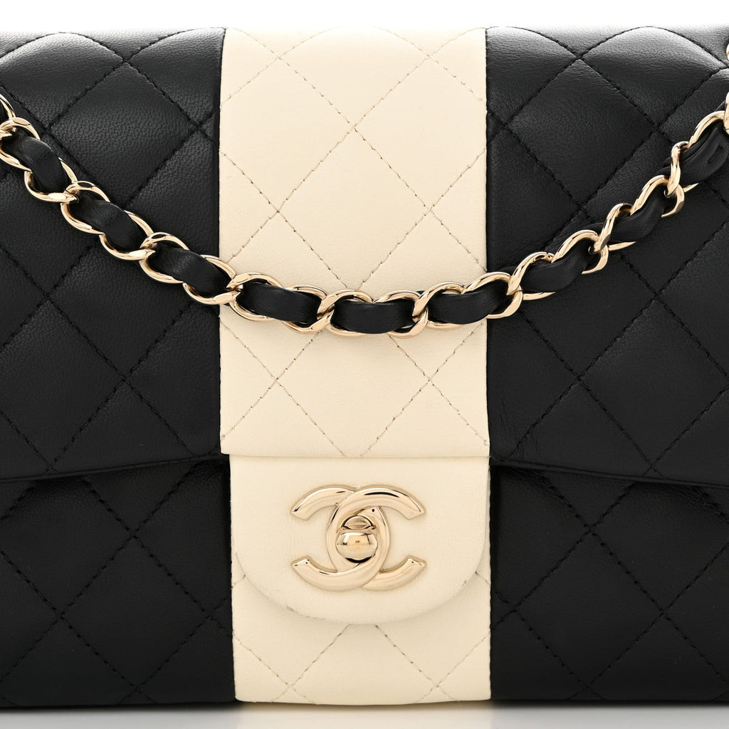 Lambskin Quilted Medium Double Flap Black White