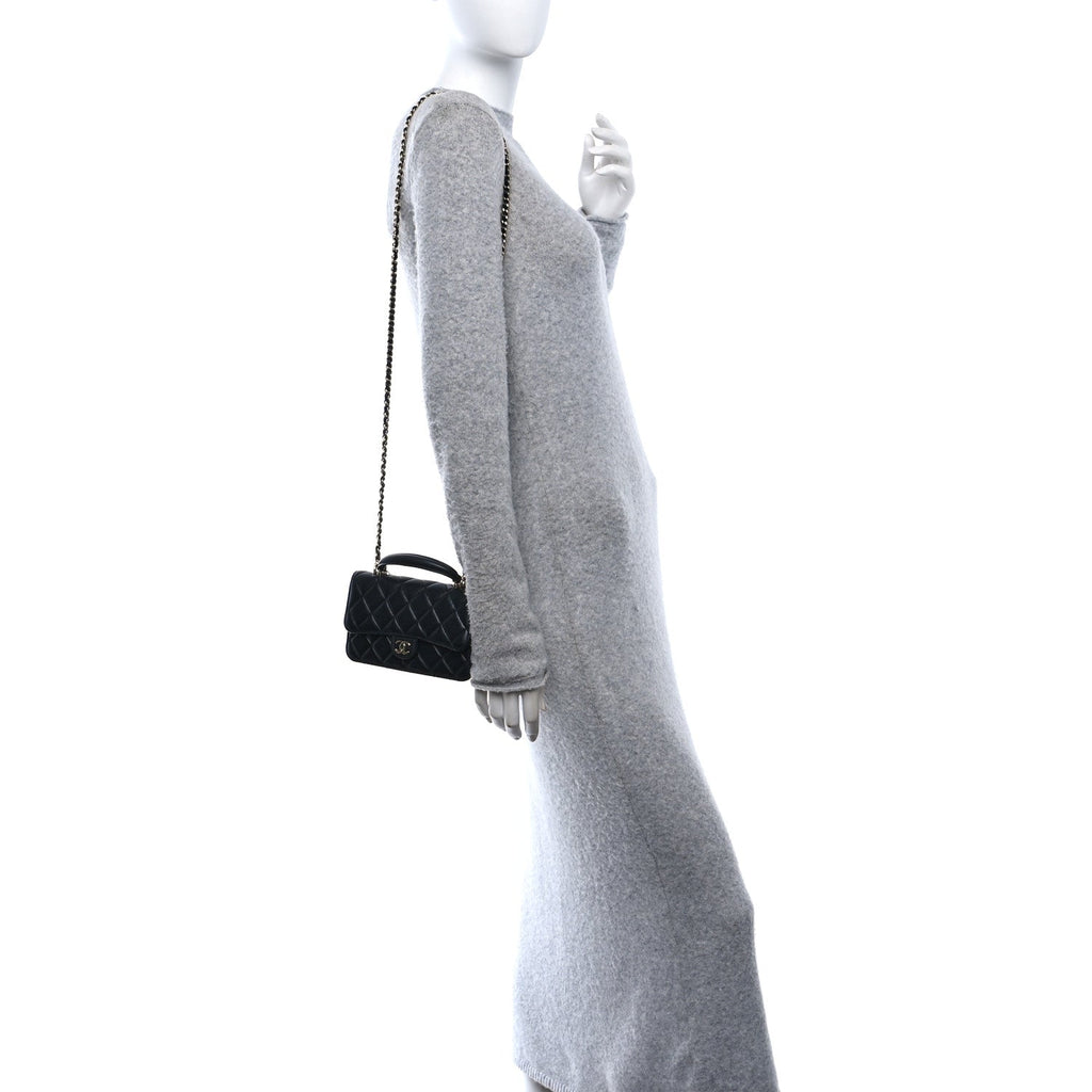 Lambskin Quilted Flap Phone Holder With Chain Black