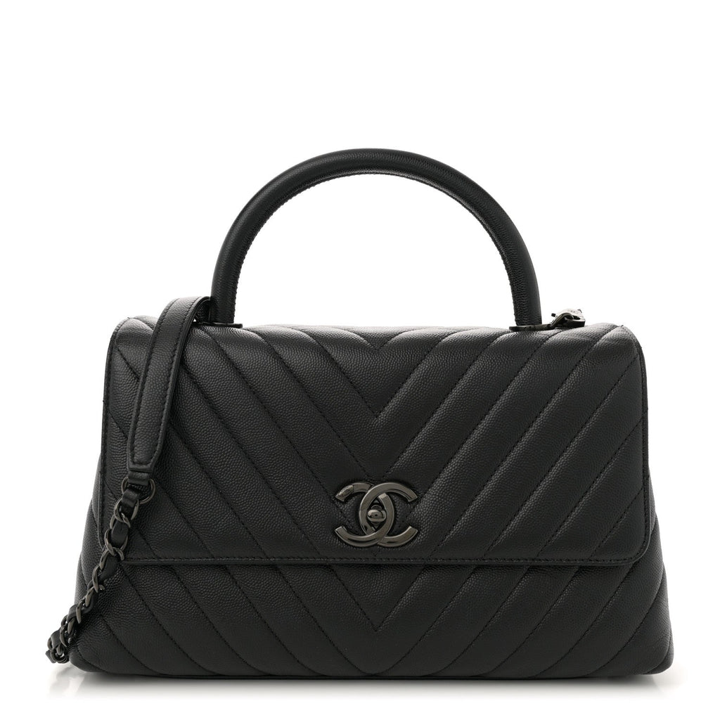 Caviar Chevron Quilted Small Coco Handle Flap So Black