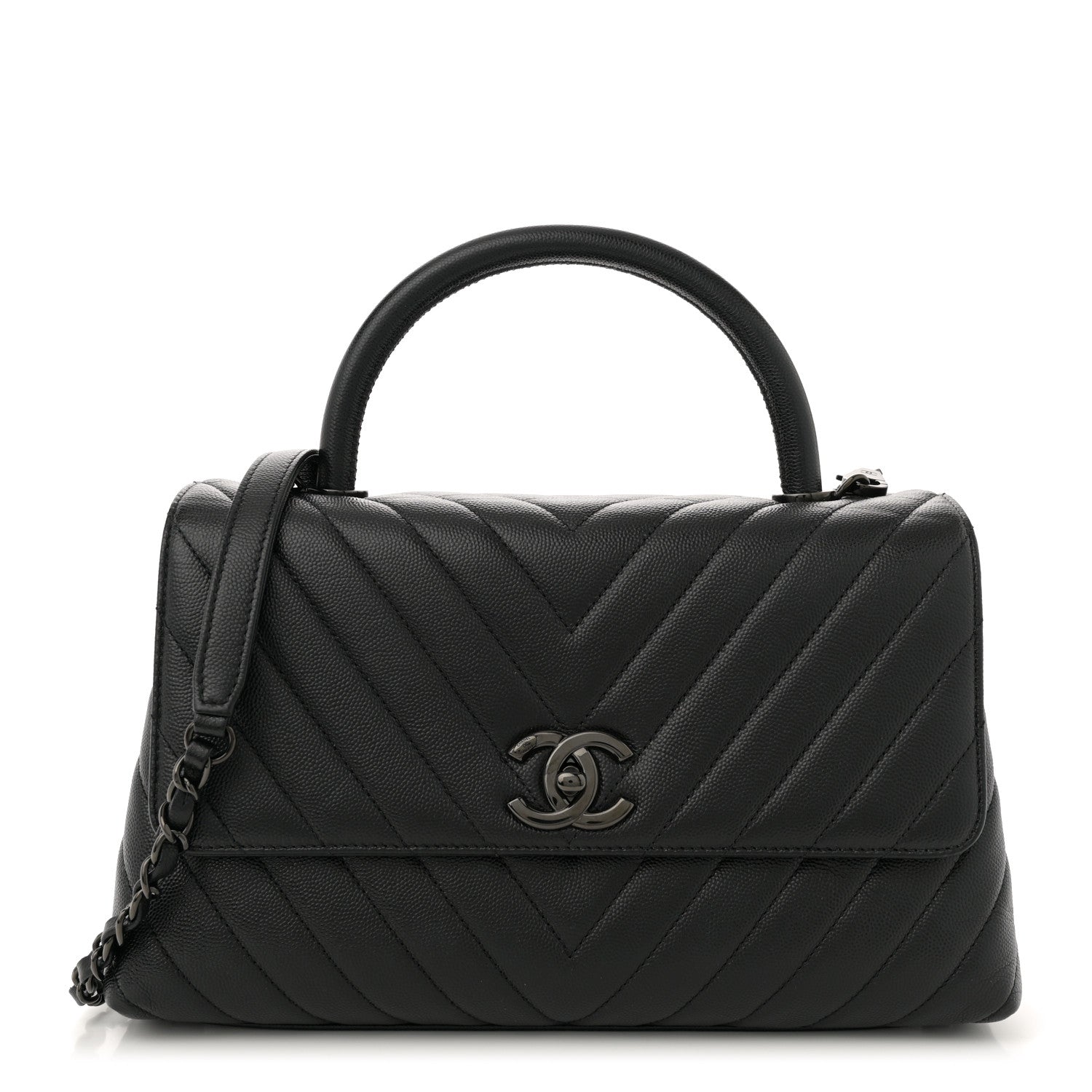 Caviar Chevron Quilted Small Coco Handle Flap So Black